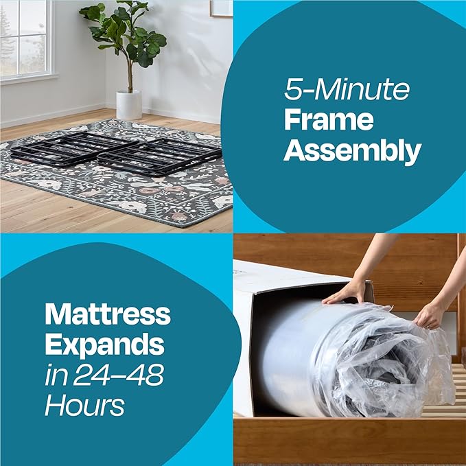 Linenspa 8” Memory Foam and Innerspring Hybrid Mattress + 14” Black Metal Platform Bedframe – Twin XL Mattress + Metal Folding Twin XL Bedframe