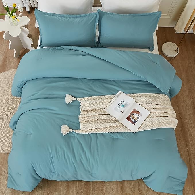 Litanika Grayish Teal Comforter Set Twin/Twin XL Size, 2 Pieces Lightweight Solid Bedding Comforter Set, All Season Fluffy Bed Set (66x90In Comforter & 1 Pillowcase)