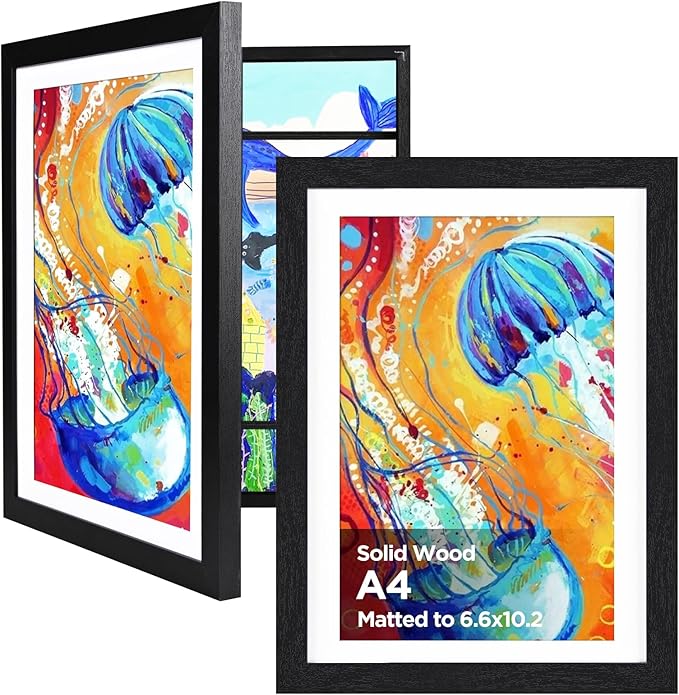 KINLINK A4 Kids Art Frames Set of 2, Solid Wood Kids Artwork Frames Changeable with Acrylic Front Opening Holds 150 Pictures 8.3x11.7, Art Frame for Kids Artwork with Mat or without Mat, Black