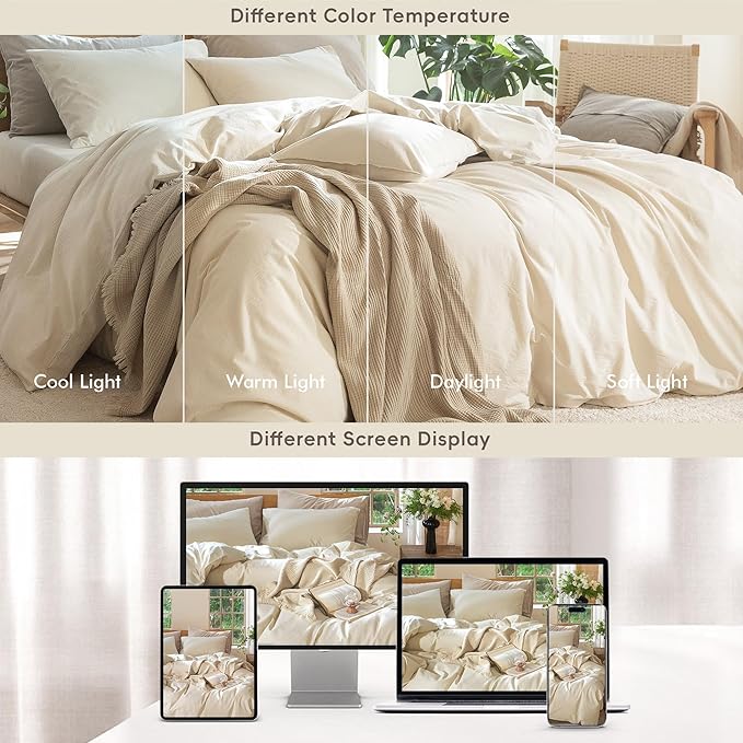 MooMee Bedding Duvet Cover Set 100% Washed Cotton Linen Like Textured Breathable Durable Soft Comfy (Heathered Almond Milk Grey, Cal King 104"x98")