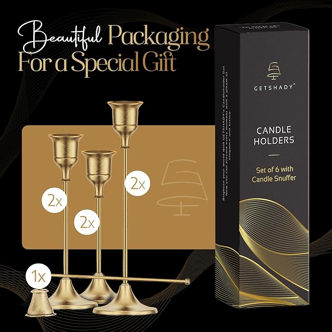 Gold Candleholders for Taper Candlesticks Plus Candle Snuffer – Dining Table Décor Centrepiece - Brass Candelabra Candlestick Holder - Gold Décor for Home Weddings Celebrations Events (Set of 6 Pcs)