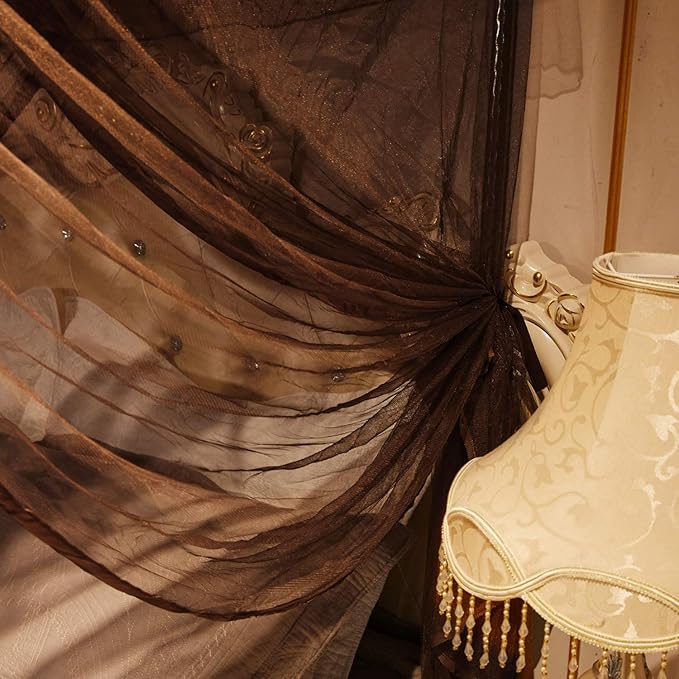 Mengersi 4 Corners Post Canopy Bed Curtains Canopy for Bed King Size - Royal Luxurious Mosquito Net Bedroom Decor (King, Coffee)