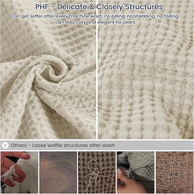 PHF 100% Cotton Waffle Weave Throw Blanket，Pre-Washed Snag Proof Lightweight Breathable Moisture-Wicking for Layering in Cold Weather for Couch Bed,Machine Washable,Home Decor Gift-Linen
