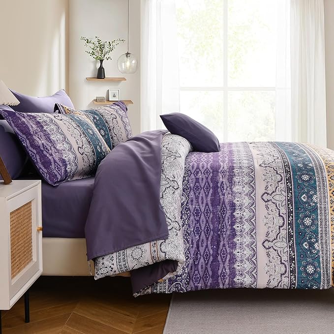 Cottolester Boho Comforter Set California King Size 8 Pieces,Violet Bohemian Striped Bed in a Bag, Paisley Soft Microfiber Bedding Comforter Set