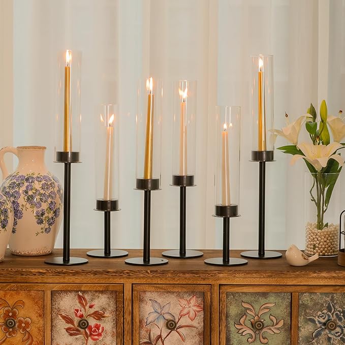 Hurricane Candle Holders Set of 6 Metal Candlestick Holder for Glass Taper Tall Candle Holders with Crystal Chimney Tube Candles Stands for Home Decor, Christmas, Dinning (6, Black)