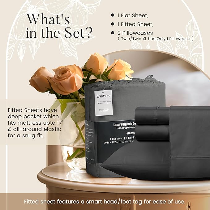 100% Organic Cotton Twin Sheets Set, 300TC Sateen Weave 3 PC Twin Bed Sheets, Fully Elasticated Sheet & Pillowcase Sets, Soft & Comfy No Lint Machine Washable Grey Sheet, Fade Resistant – Charcoal