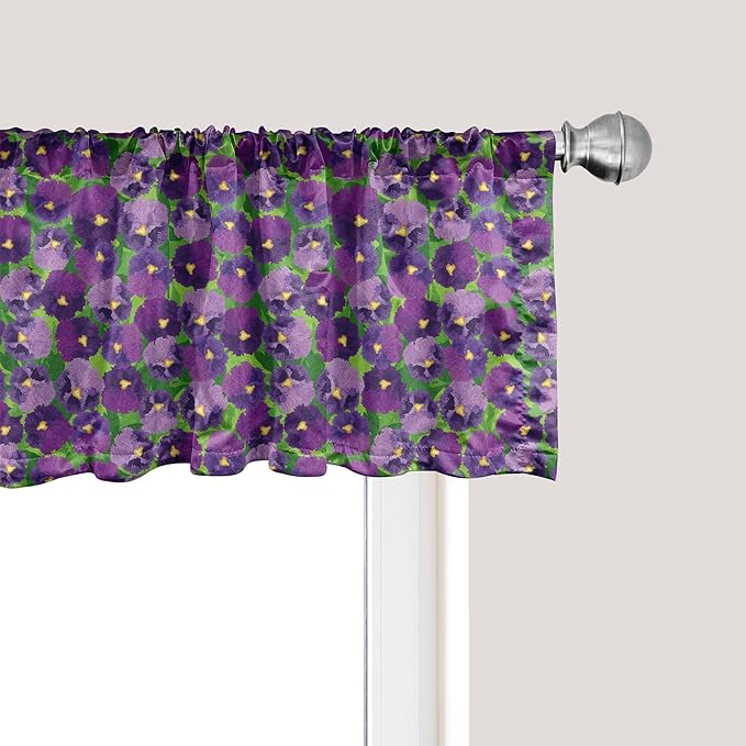 Ambesonne Botanical Window Valance Pack of 2, Green Field Full of Burgeoning Pansy Inflorescence Garden Flourish Bedding Plants, Rod Pocket Curtain Valances for Kitchen Bedroom, 54" X 18", Purple