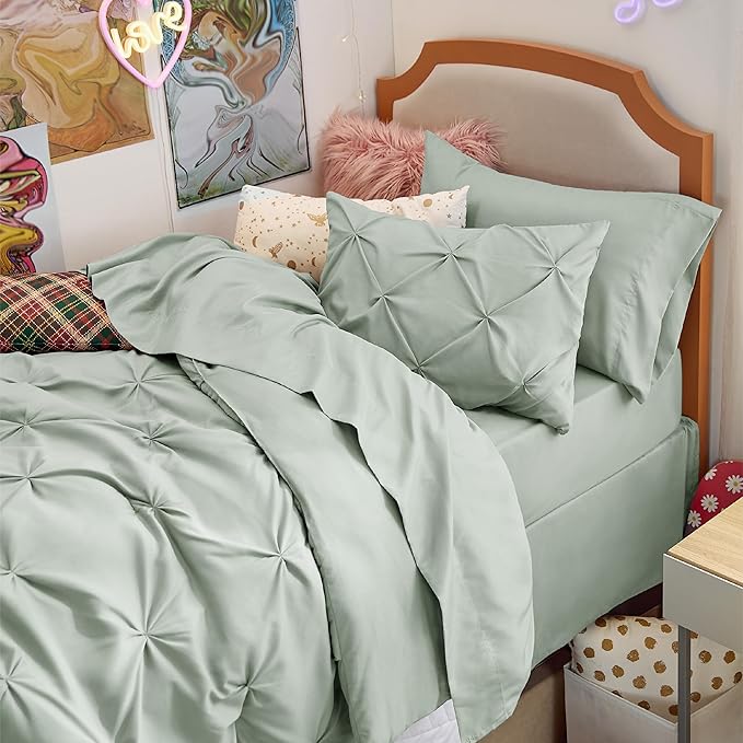 Bedsure Twin Comforter Set Sage Green - Bed in a Bag Twin Size Bedding 5 Pieces, GentleSoft™ Pintuck Bed Set Gift for Family, Pinch Pleat Sage Green Comforter with Sheets, Pillowcase & Sham