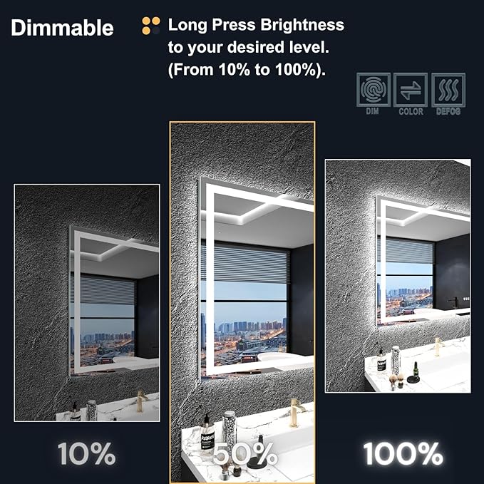 28" x 36" LED Mirror, Front & Backlit, Stepless Dimmable, Anti-Fog, Shatter-Proof, Memory, 3 Color Smart Mirror (Horizontal/Vertical)