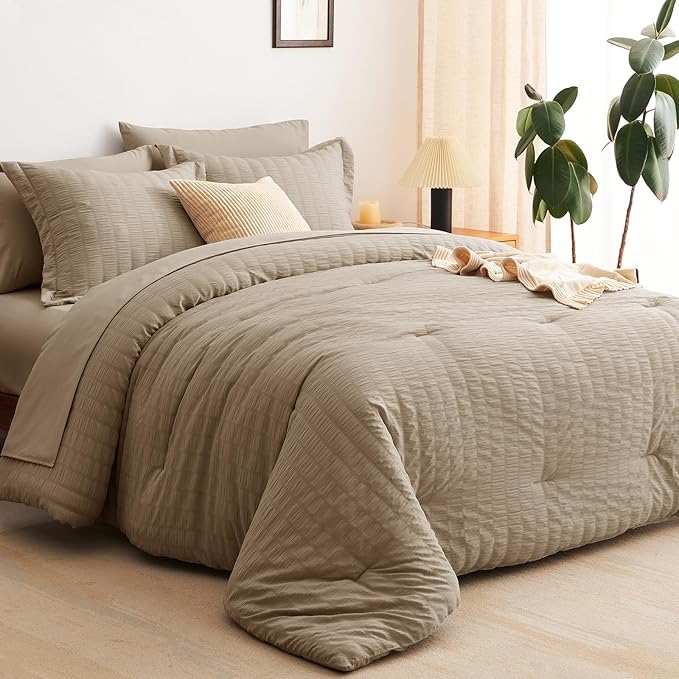 CozyLux Queen Comforter Set Taupe Seersucker 7 Pieces Bed in a Bag Queen Comforter Set with Sheets, Luxury Soft Bedding Set with Down Alternative Comforter, Sheets, Pillowcases & Shams for All Seasons