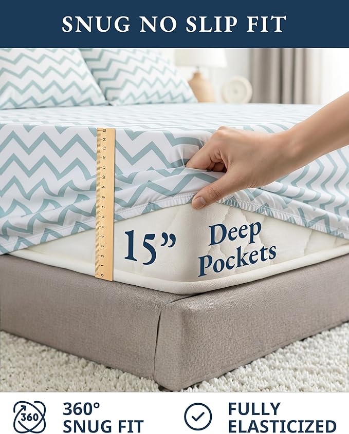 LANE LINEN 100% Organic Cotton Printed King Sheets, Soft & Comfy Percale Sheets Naturally Temperature Regulating Mercerized Cotton Fully Elasticized Printed King Bedding Set-Chevron