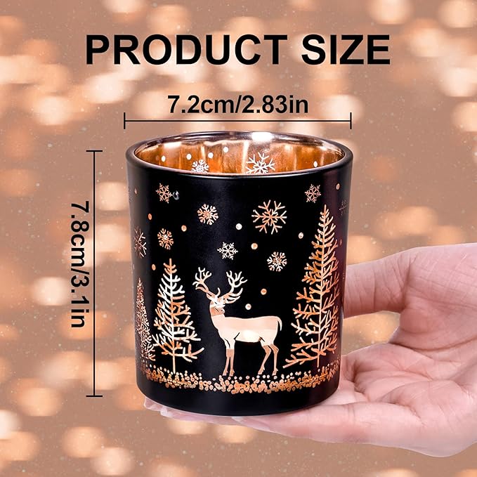 Votive Candle Holders, Black and Gold Glass Tealight Candle Holder Set of 3, Christmas Candle Holder with Elk, Xmax Tree, Snowflake Pattern, Table Canterpieces for New Year Party Decor