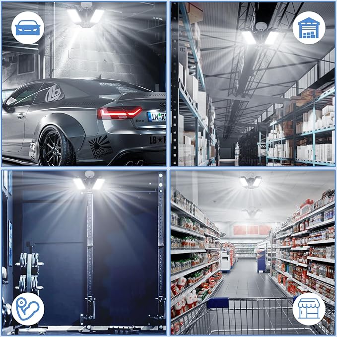 LED Garage Lights 2 Pack -80W, 8000LM 6500K Led Shop Light with 3 Deformable Panels, Basement Barn Light Garage Ceiling Lights, E26 for Garage, Warehouse, Shop, Basement