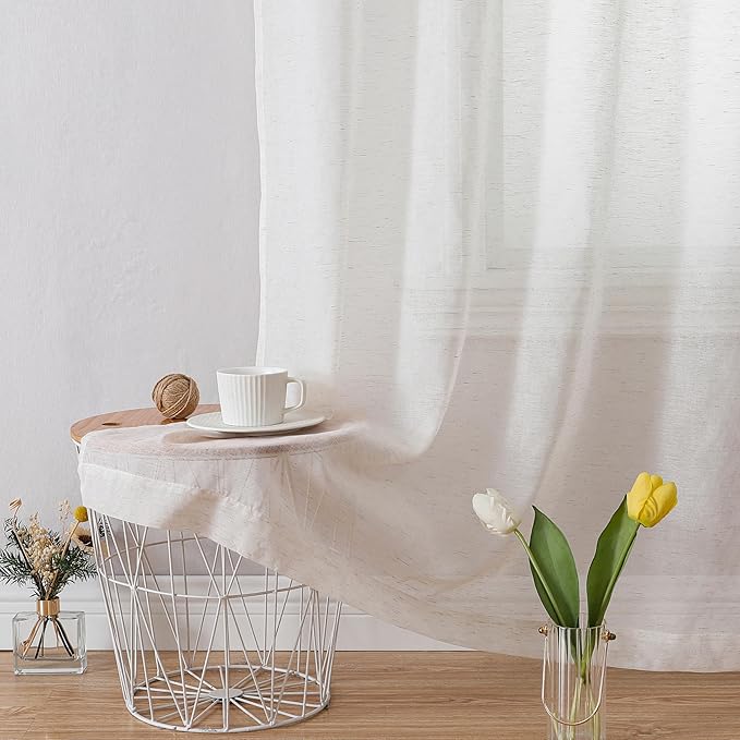OWENIE Linen Blend Sheer Curtains 84 inches Long 2 Panels Set for Bedroom, Natural Linen Light Filtering Semi Sheer Cutain for Living Room Rod Pocket Drapes, 2pcs, Each 40 W x 84 L