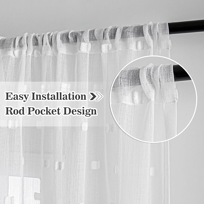 MYSKY HOME White Curtains for Bedroom 84 Inch Length Long Sheer Curtains for Living Room Nursery Curtains with White Patched Design Rod Pocket Privacy Window Drapes Dining Room 52" x 84" 2 Panels