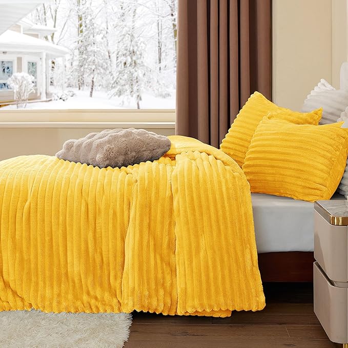 BEDELITE Fleece King Comforter Set -Super Soft & Warm Fluffy Bright Yellow Bedding, Luxury Fuzzy Heavy Bed Set for Winter with 2 Pillow Cases