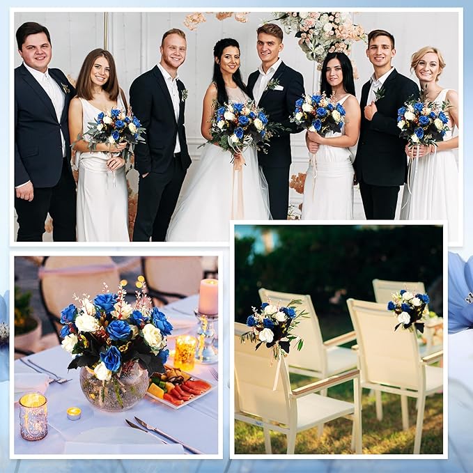 Hotop 12 Bunches of Artificial Flowers Centerpiece 13 Inches Silk Faux Roses Bouquets for Table Decoration Realistic Bouquet Arrangement Boho Faux Flowers for Wedding (Dark Blue)