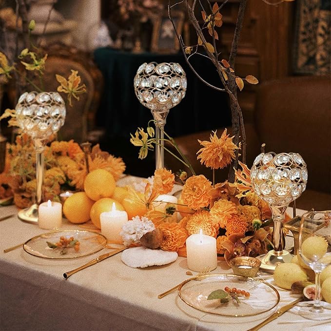Crystal Metal Tealight Candlestick, Bling Bowl Candelabras, Tall Crystal Votive Candle Holders Elegant Crystal Candle Centerpiece for Dining Table Wedding Decor (Set of 3, Gold)