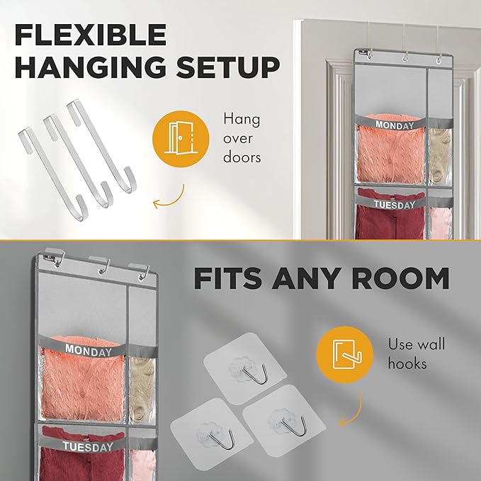 Over the Door Weekly Clothes Organizer - 5 Shelf Hanging Closet Storage with Day of the Week Labels - Weekly Clothes Organizer For Kids - Space-Saving Over Door or Wall Hanging Organizer (Grey)