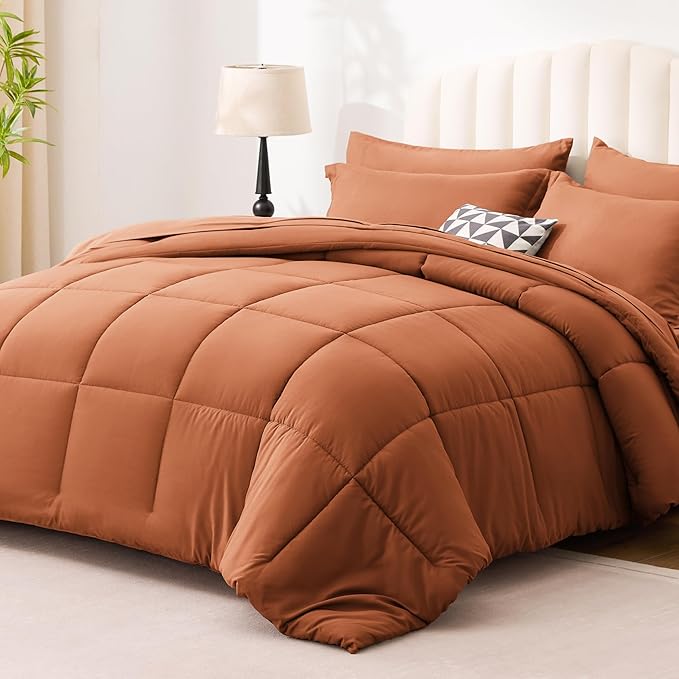 Love's cabin California King Comforter Set Burnt Orange, 7 Pieces California King Bed in a Bag, All Season Bedding Sets with 1 Comforter, 1 Flat Sheet, 1 Fitted Sheet, 2 Pillowcase and 2 Pillow Sham