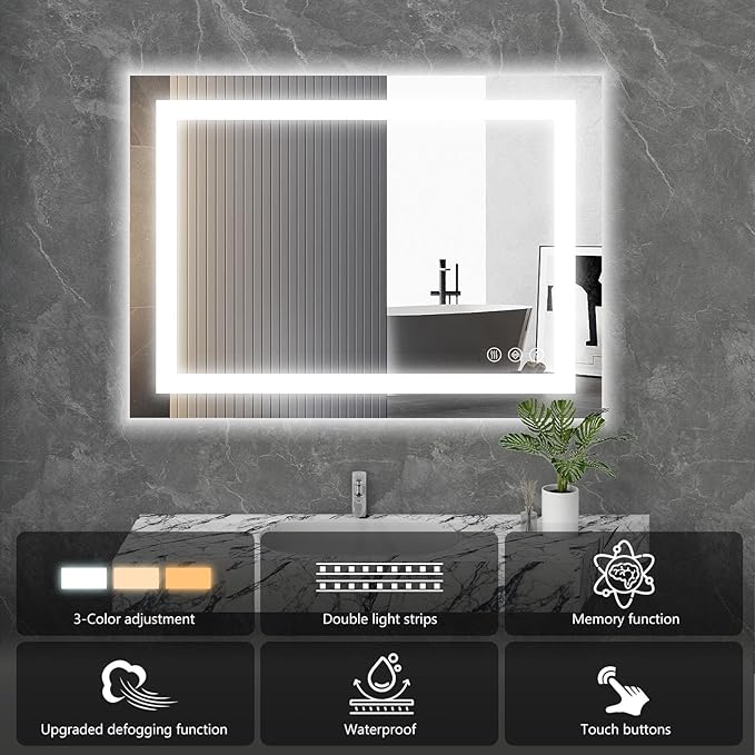 DUMOS 28"x 21" LED Bathroom Mirror with Lights, Dimmable Anti-Fog Front Lit Backlit Lighted Wall Mounted Rectangle for Vanity Makeup Memory Function Tempered Glass Shatter-Proof Horizontal&Vertically