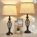 Table Lamp for Bedroom Set of 2 with USB C+A Ports, Modern Bedside Lamps with Spiral Cage Base, Fabric Shade, Nightstand Lamp for Living Room Reading Bed Side End Table, 2 LED Bulbs Included Black