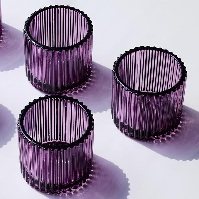 VOHO Large Votive Candle Holders for Table Centerpiece, 6pcs Purple Glass Ribbed Candle Holder for Halloween Decorations, Vintage Tealight Candle Holder for Baby Shower/Easter/Diwali(2.75"W x 2.56"H)