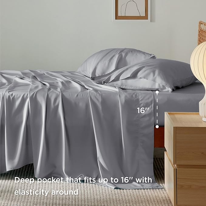 Bedsure Cooling Sheets Twin, Rayon Derived from Bamboo, Cooling Sheets, Breathable & Soft, Deep Pocket Up to 16 Inches, Hotel Luxury Silky Bedding for Hot Sleepers, Silver Grey