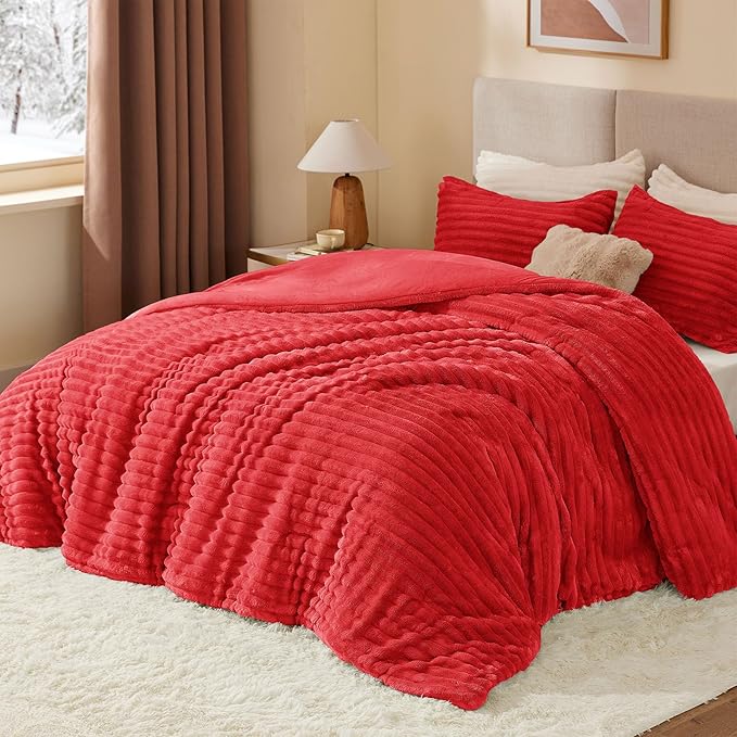 BEDELITE Fleece King Comforter Set -Super Soft & Warm Fluffy Red Bedding, Luxury Fuzzy Heavy Bed Set for Winter with 2 Pillow Cases