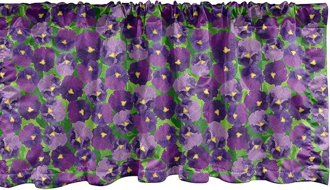 Ambesonne Botanical Window Valance Pack of 2, Green Field Full of Burgeoning Pansy Inflorescence Garden Flourish Bedding Plants, Rod Pocket Curtain Valances for Kitchen Bedroom, 54" X 12", Purple