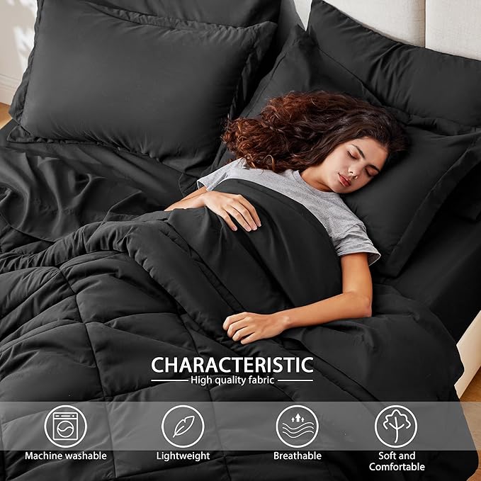 Love's cabin Queen Comforter Set Black, 7 Pieces Queen Bed in a Bag, All Season Bedding Sets with 1 Comforter, 1 Flat Sheet, 1 Fitted Sheet, 2 Pillowcase and 2 Pillow Sham
