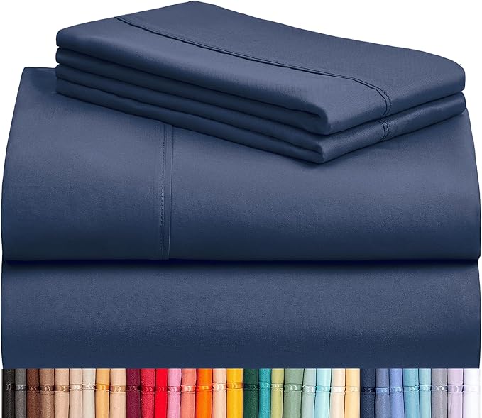 LuxClub 4 PC Full Sheet Set, Breathable Luxury Bed Sheets, Deep Pockets Wrinkle Free Cooling Bed Sheets Machine Washable Hotel Bedding Silky Soft - Navy Full