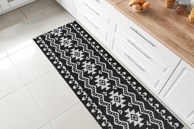 Custom Length Cut to Size Tribal Ethnic Southwestern Inspired Hallway Runner Rug, Non Slip Rubber Backed, 31 inch Wide X Customized Length, Aztec Black, 31 inch X 35 feet