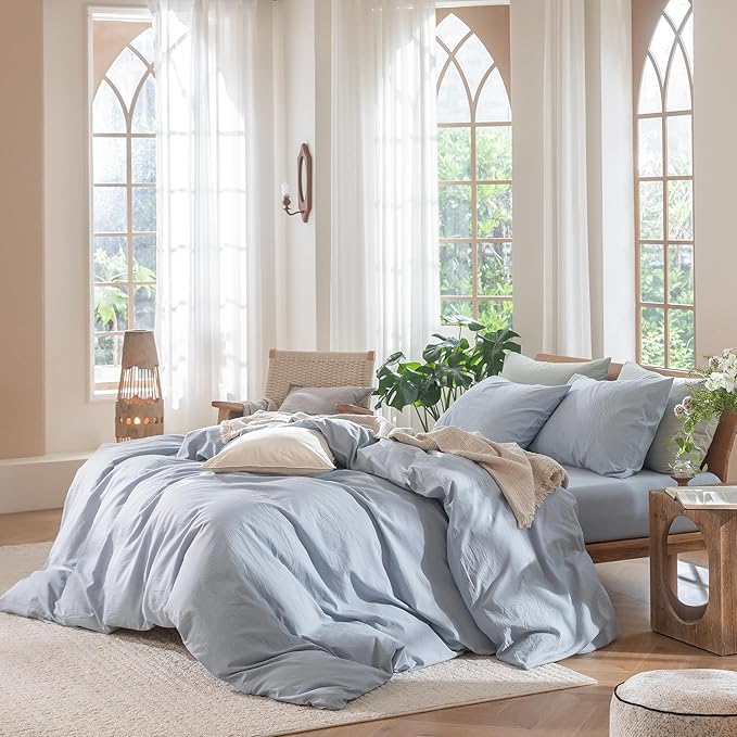MooMee Bedding Duvet Cover Set 100% Washed Cotton Linen Like Textured Breathable Durable Soft Comfy (Heathered Cornflower Blue, Queen 90"x90")