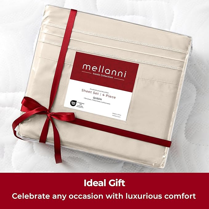 Mellanni Extra Deep Twin XL Sheets - 3 PC Iconic Collection Bedding - Hotel Luxury, Ultra Soft, Cooling Bed Sheets - Wrinkle, Fade, Stain Resistant (Twin Extra Long, Beige)