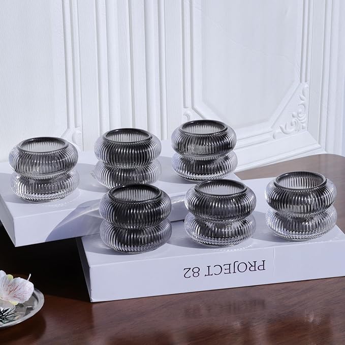 Woho Smoke Grey Ribbed Votive Candle Holder Set of 12, Vintage Tea Lights Candle Holder for Halloween Decorations, Glass Tealight Candle Holders for Holiday Party/Home Decor (Grey, 2.1" H X 2.75" D)