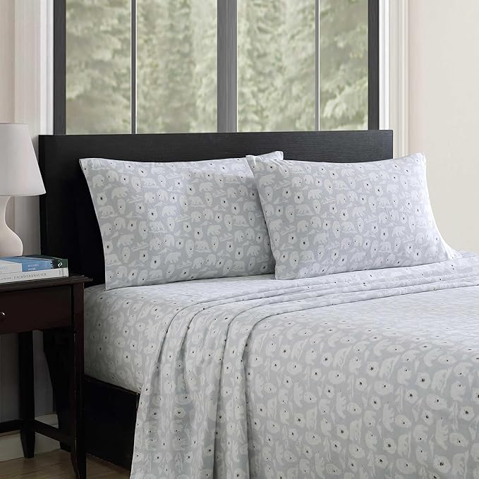Eddie Bauer - Flannel Sheets King Size, Anti-Pilling & Wrinkle Resistant Cotton, Touchably Soft for All-Season Comfort - Bed Sheets with Matching Pillowcase & Fitted Sheet (Explorer Bears Grey)
