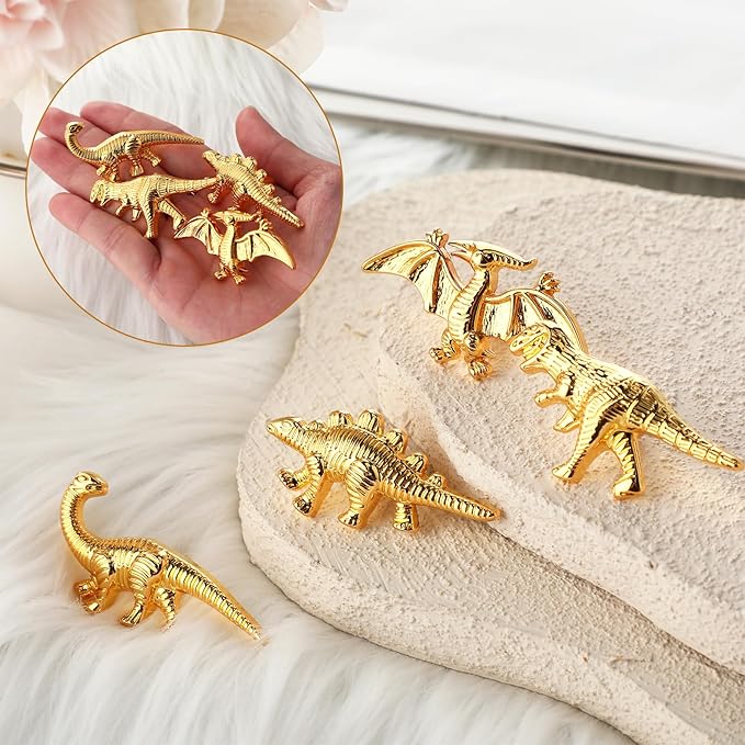 8 Pack Metal Dinosaur Knobs for Kids Furniture - Veggie Dino Theme Gold Finish Drawer Pulls & Cabinet Handles, Scratch-Resistant (Herbivore)