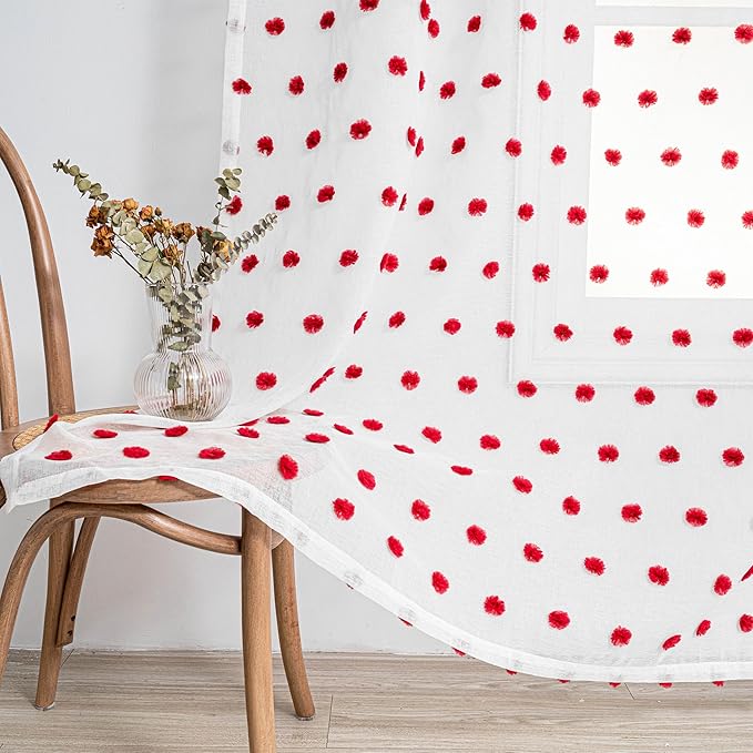 MYSKY HOME Short Curtains for Bedroom 54 Inches Long Merry Christmas Red Pom Pom White Sheer Curtains Kitchen Bathroom Nursery Boys Kids Room Rod Pocket 2 Pieces Small Window 52" x 54"