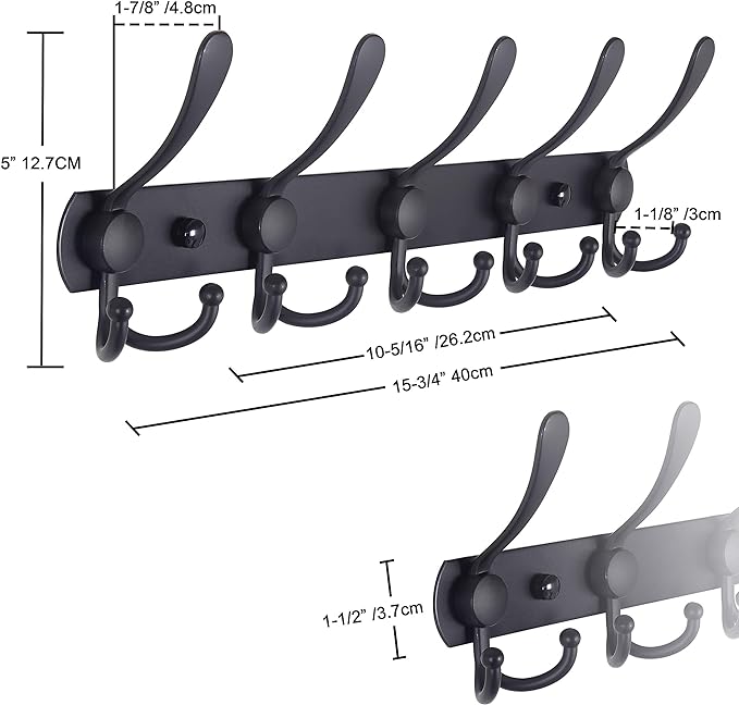 Dseap Coat Rack Wall Mounted - 5 Tri Hooks, Heavy Duty, Stainless Steel, Metal Coat Hook Rail for Coat Hat Towel Purse Robes Mudroom Bathroom Entryway (Silver, Pack of 2)