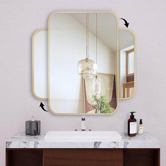 20"x30" Brushed Matte Gold Mirror for Wall, Gold Metal Framed Rounded Corner Rectangular Mirror for Bathroom Vanity,Entryway,Living Room,Bedroom,Vertical or Horizontal