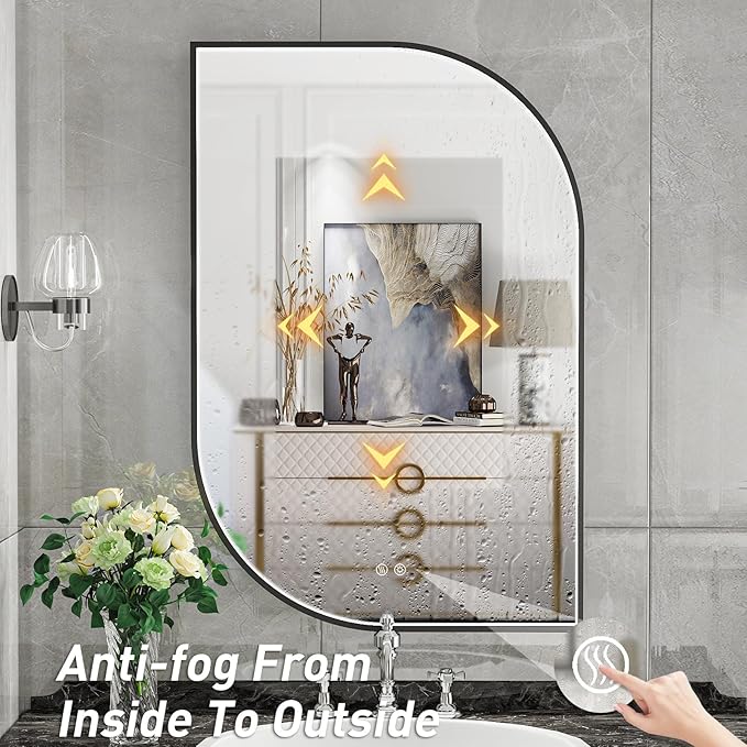 24X36 Inch LED Bathroom Mirror with Lights,Black Frame Lighted Irregular Wall Mirror,Asymmetrical Vanity Mirror,Anti-Fog,Dimmable
