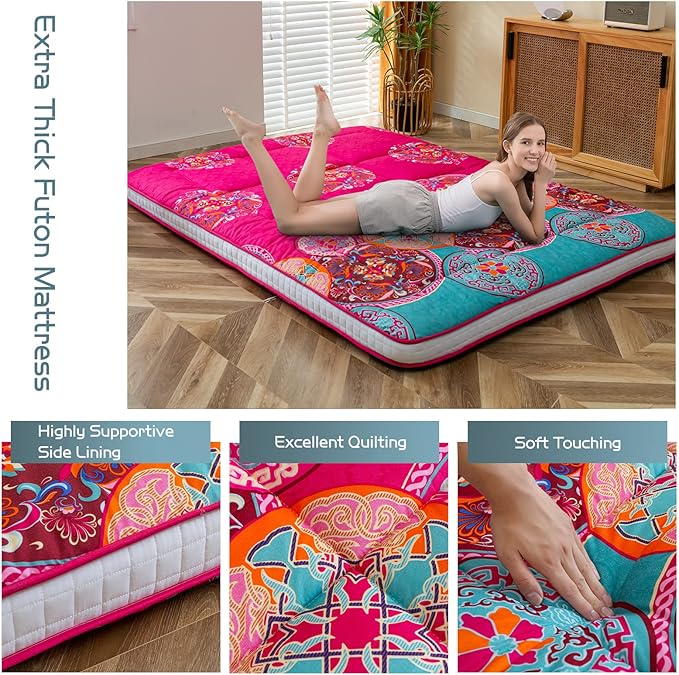 MAXYOYO Bohemian Style Futon Mattress, Padded Japanese Floor Mattress Quilted Bed Mattress Topper, Extra Thick Folding Sleeping Pad Breathable Floor Lounger Guest Bed for Camping Couch, Red, Twin