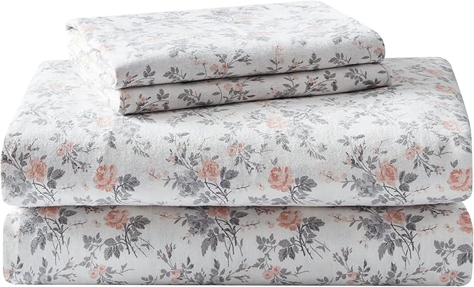 Laura Ashley - Flannel Sheets Twin Size, Anti-Pilling & Wrinkle Resistant Cotton, Touchably Soft for All-Season Comfort - Bed Sheets with Matching Pillowcase & Fitted Sheet (Rosalie Grey)