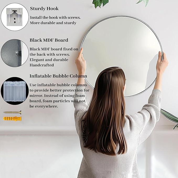 Silver Round Mirror 30 inch, Round Bathroom Mirror, Silver Circle Mirrors with Aluminum Frame, Circle Wall Mirrors for Bathroom, Living Room, Hallway, Bedroom.