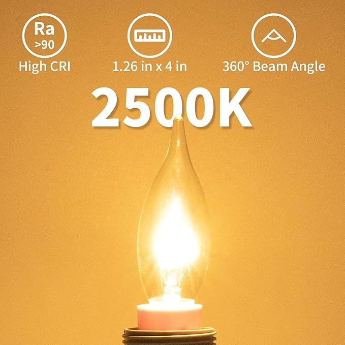 4-Pack E12 Candle Light Bulbs 25W Warm White 2500K, 240 Lumen Dimmable Chandeier Light Bulbs for Ceiling Fan, Pendants or Outdoor, CA10 Clear Candelabra Base Bulbs