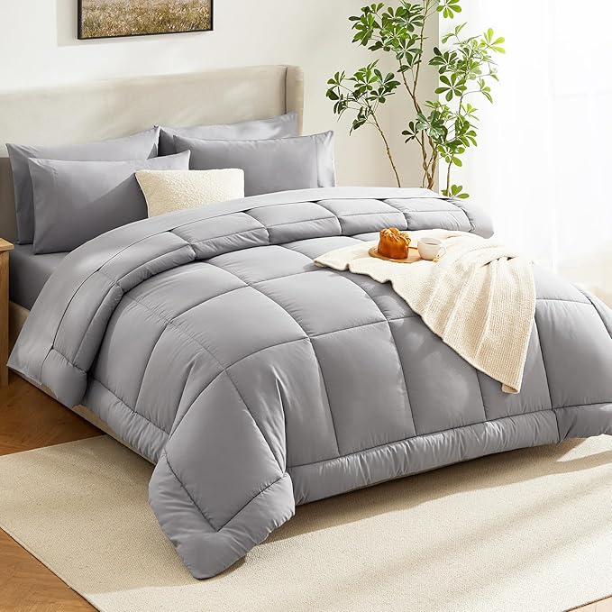 CozyLux Queen Comforter Set Grey, 7 Pieces Bed in a Bag, Gray Comforter Queen Size, All Season Bedding Sets with Stitch Quilted Comforter, Flat Sheet, Fitted Sheet, Pillowcases