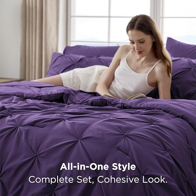 Bedsure California King Comforter Set Purple - Bed in a Bag Cal King Bedding Set 7 Pieces, GentleSoft™ Pintuck Bed Set Gift for Family, Pinch Pleat Purple Comforter with Sheets, Pillowcases & Shams