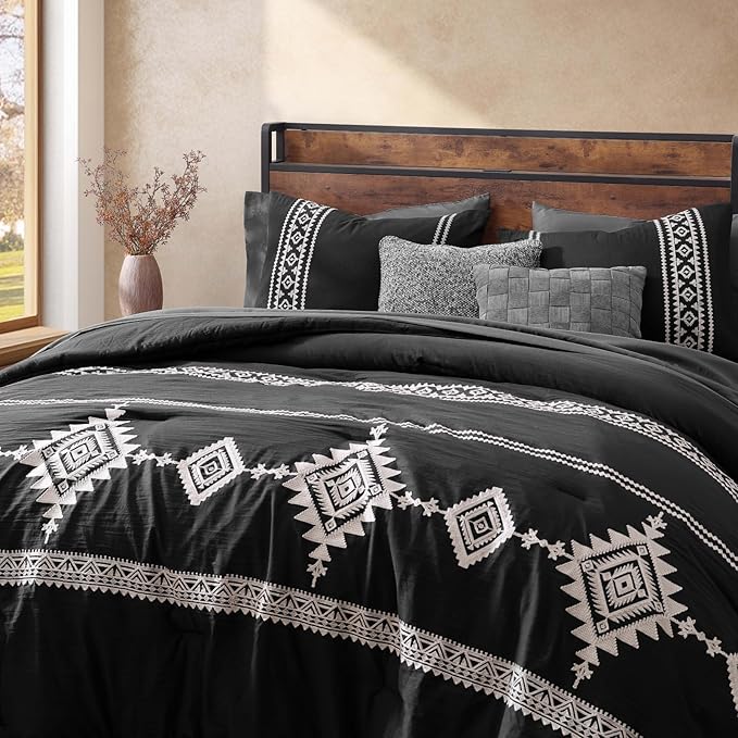 MaiRêve Embroidery King Size Comforter Set Black, Boho Farmhouse Western Bedding Set 7 Pieces, All Season Bed in A Bag Comforter Set with Sheets, Pillowcases & Shams