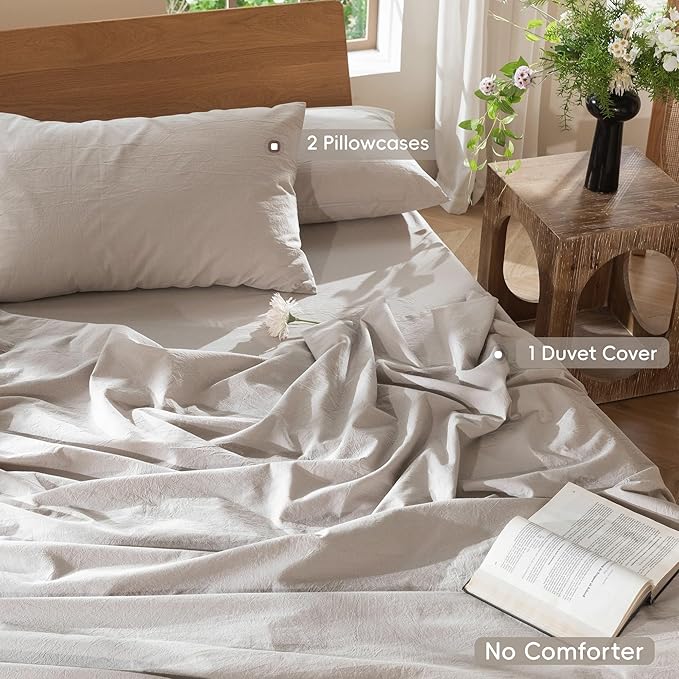 MooMee Bedding Duvet Cover Set 100% Washed Cotton Linen Like Textured Breathable Durable Soft Comfy (Solid Light Tan, Oversized Queen 98"x98")